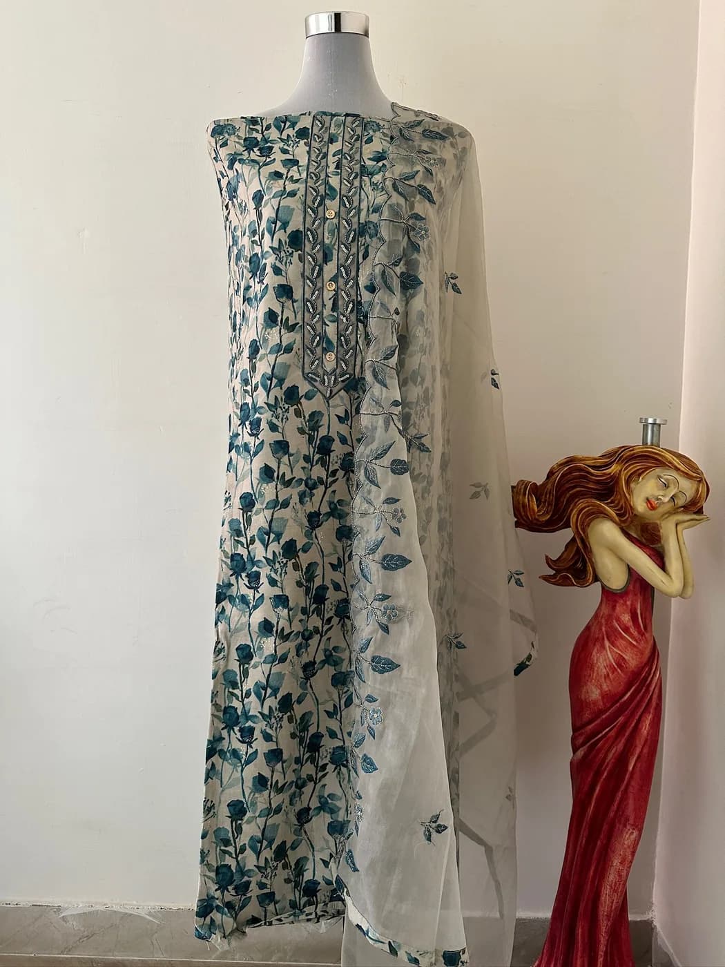 Ivory Teal Floral Suit — view 2 of 3