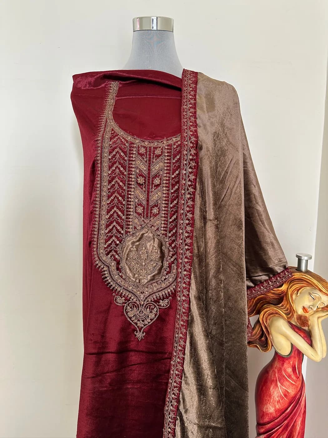 Maroon Velvet Zari Suit — view 3 of 4