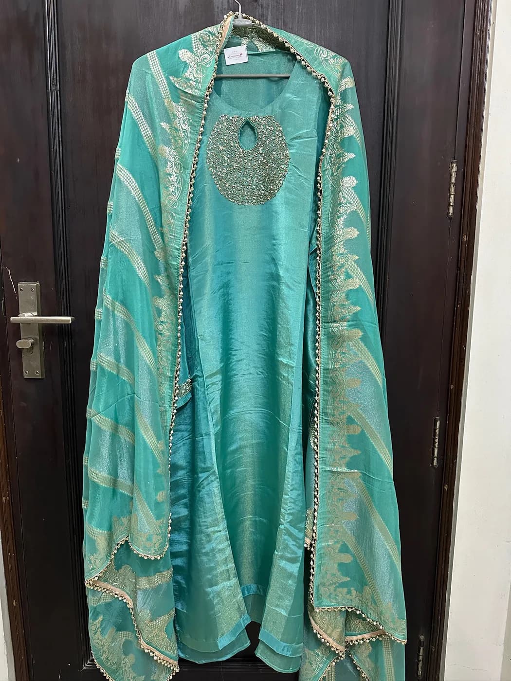 Turquoise Silk Embroidered Suit — view 4 of 5